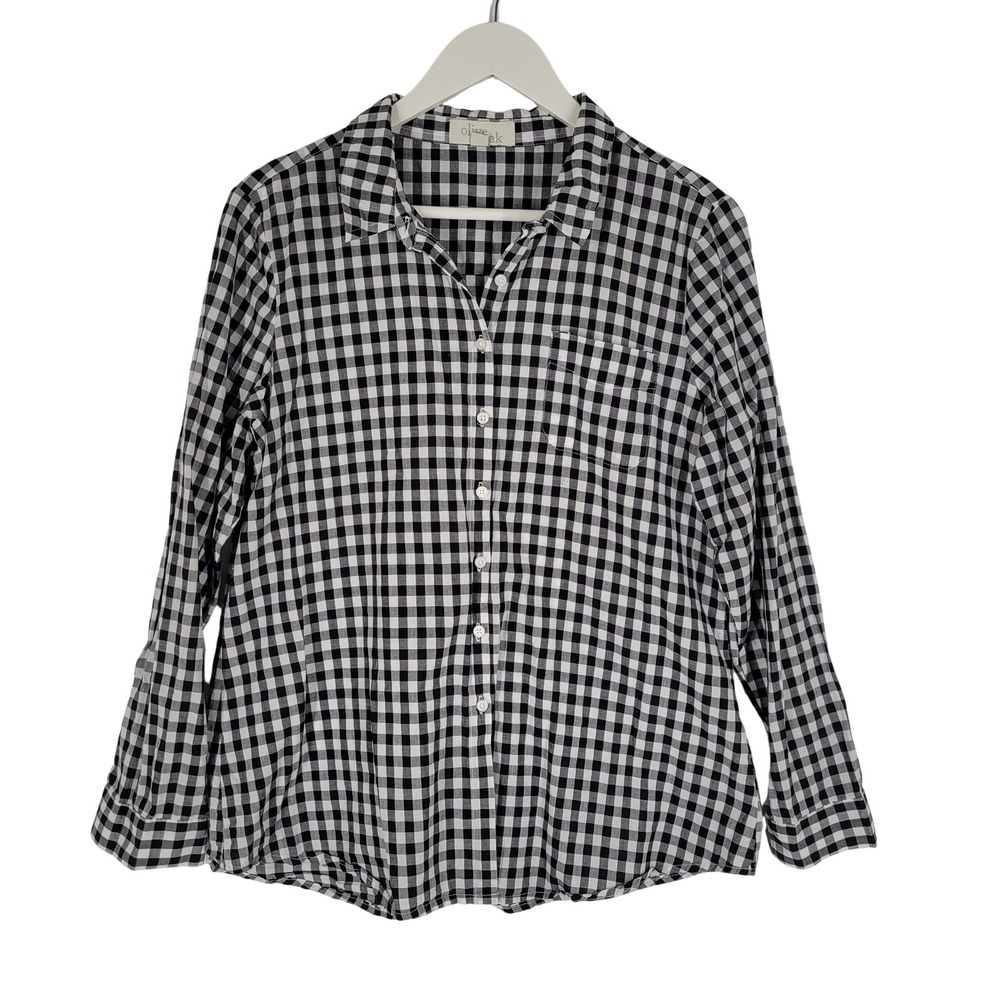 Olive & Oak Button Down Shirt Women Large Black White Gingham Cotton Long Sleeve